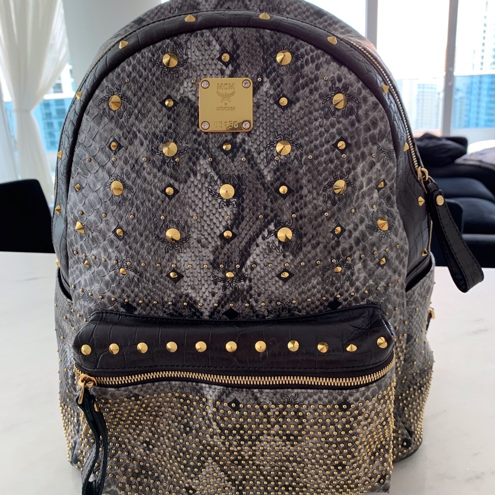 MCM Visetos Snakeskin Studded Backpack